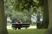 Een bankje in het Oranjepark is een romantische plek voor een verliefd stelletje. gm[[52.21911575698939, 5.959195196628571]]